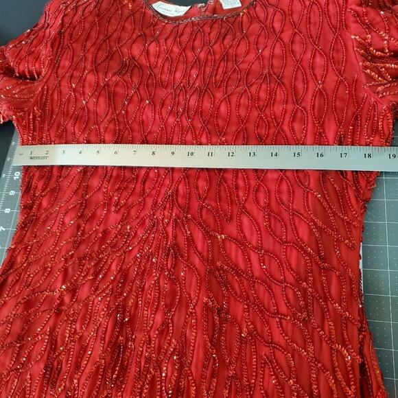Vintage Laurence Kazar Dress Women Large Red Sequin 80s Beaded Silk Evening Glam - Picture 12 of 13